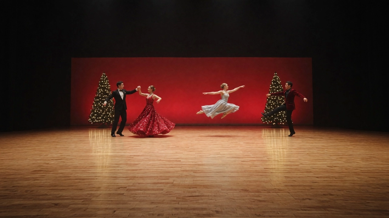 Ballroom dancers spin across a red-lit stage between two decorated holiday trees.