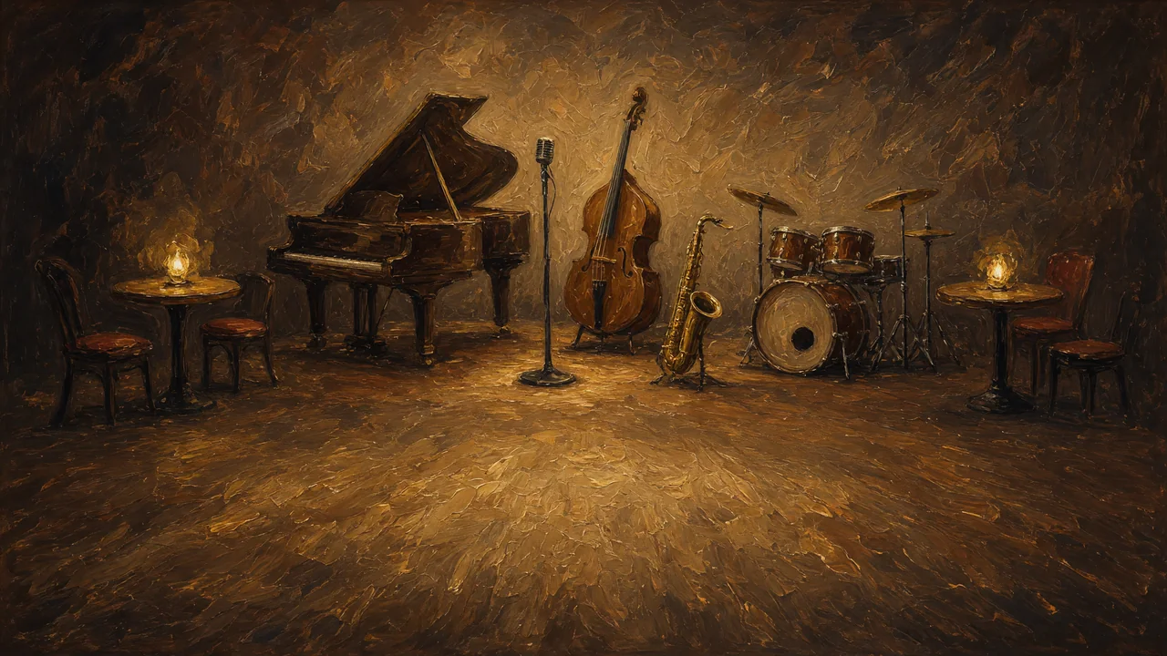 Painting of a piano, upright bass and drums beside candlelit tables.