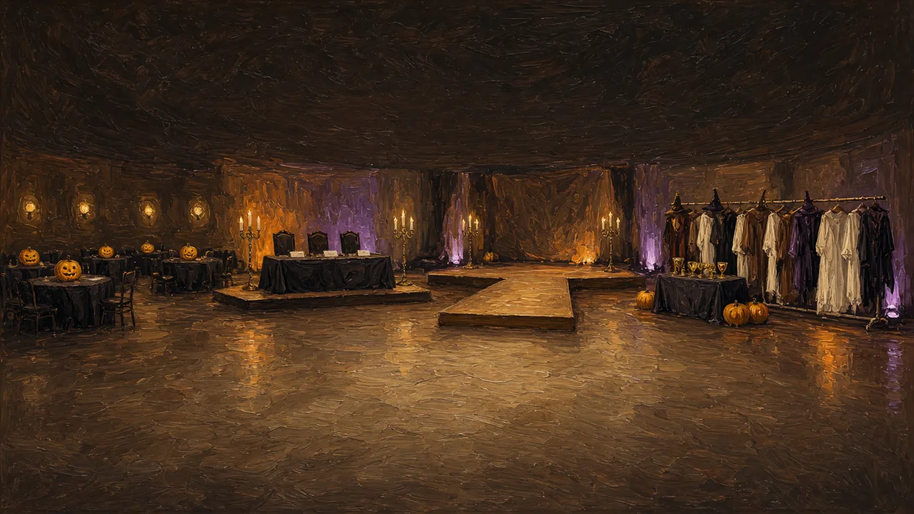 Painting of costume racks and a small stage in a dim hall with pumpkins.