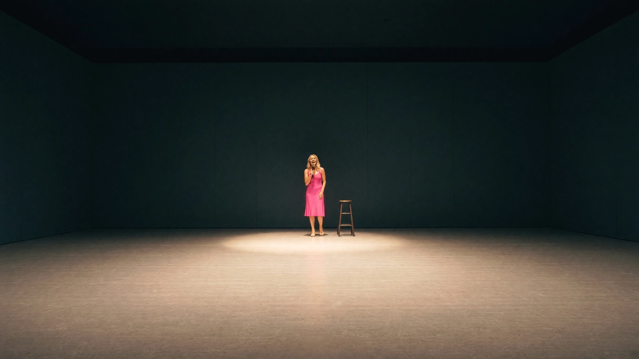 A comedian in a pink dress stands at a microphone under a spotlight on a dark stage.