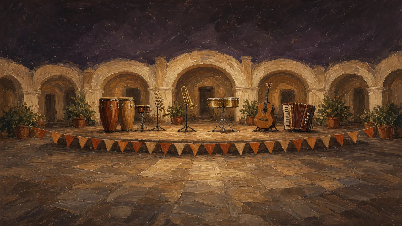 Painting of drums and microphones on a stage beneath stone arches.