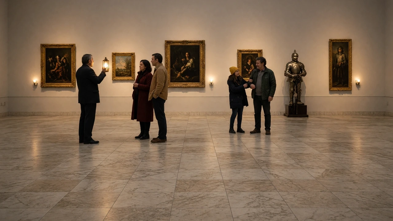 Small groups of visitors talk in a museum gallery hung with framed paintings.