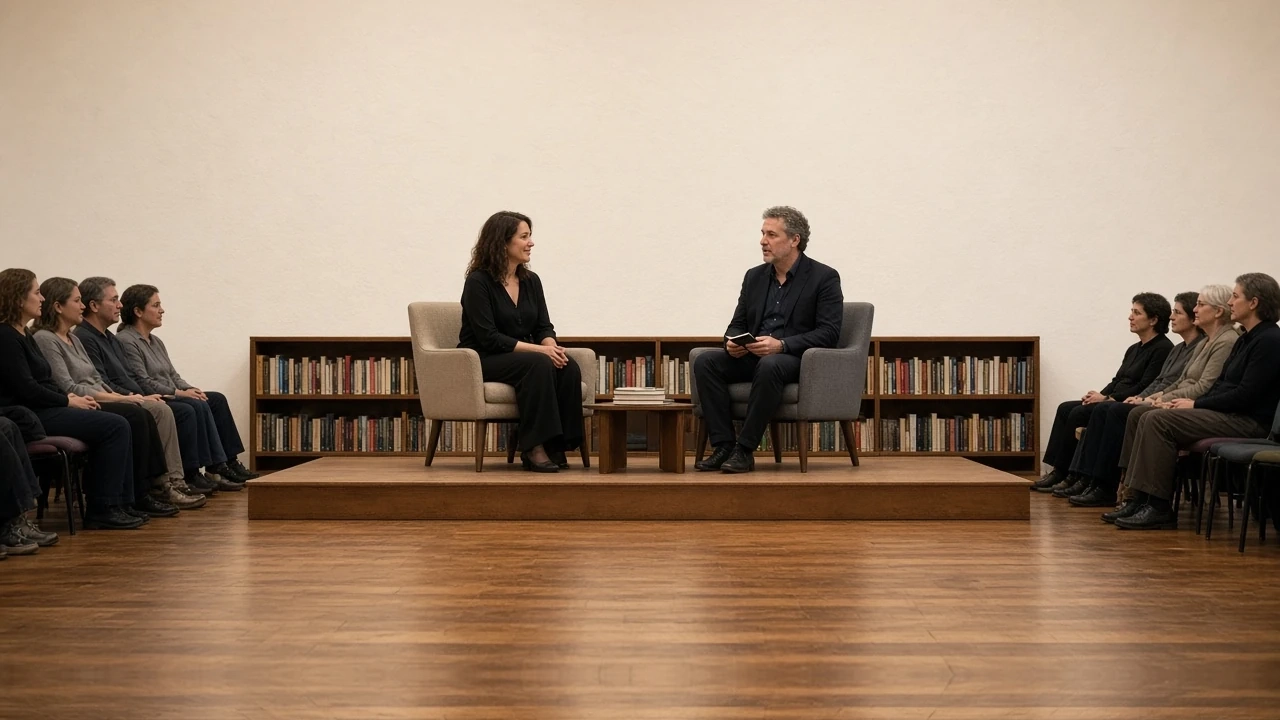 Two people seated in armchairs on a wood-floored stage, with bookshelves behind and a few listeners at the sides.