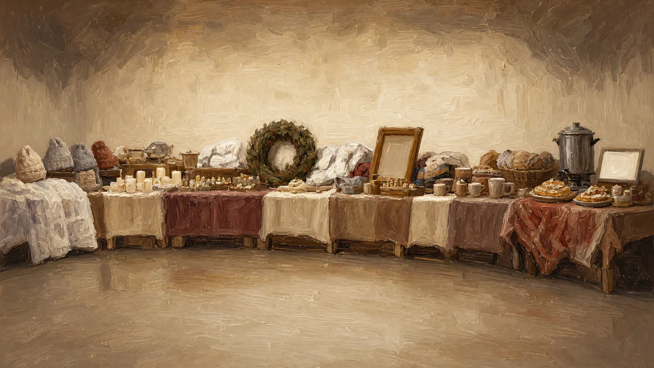 Painting of art and crafts on draped tables in a bright room.