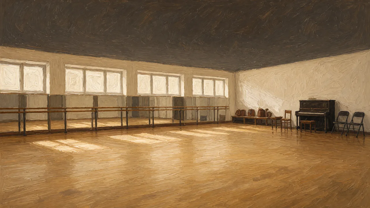 Painting of an empty dance studio with a wood floor and tall windows.