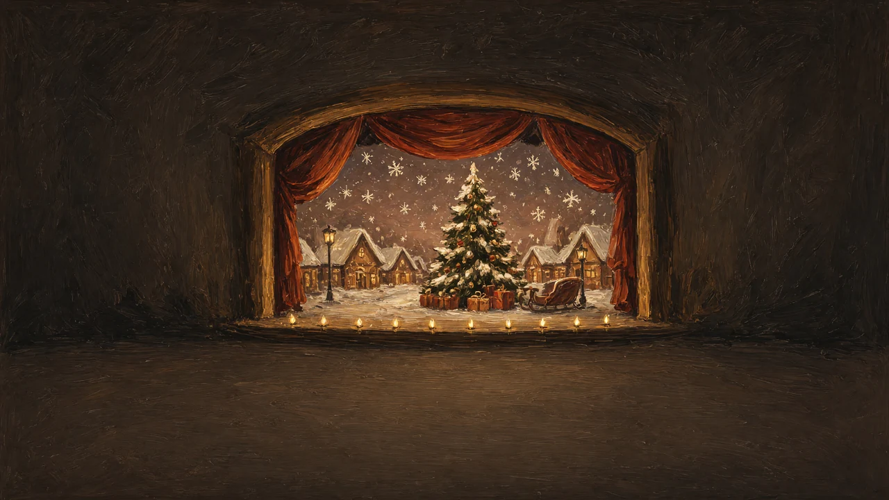 Painting of a stage with a decorated tree and festive set.