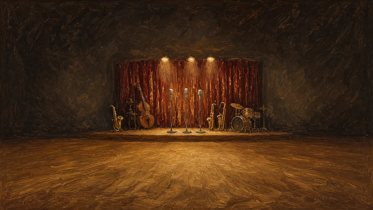 Painting of a stage with instruments before red curtains.