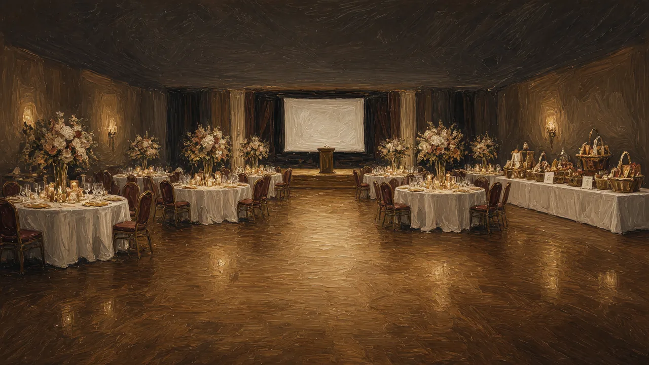 Painting of dinner tables and a blank screen in a ballroom with chandeliers.