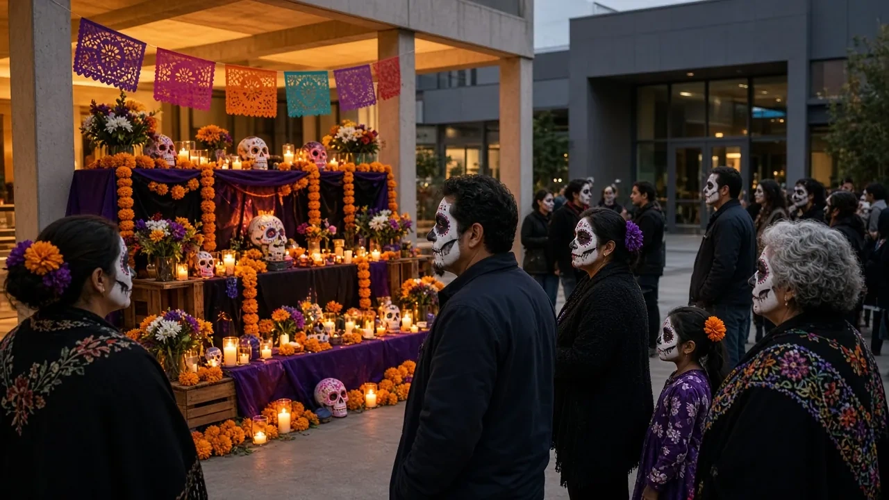 People gathered around an altar of marigolds, candles and photos outside a building, several with painted faces.
