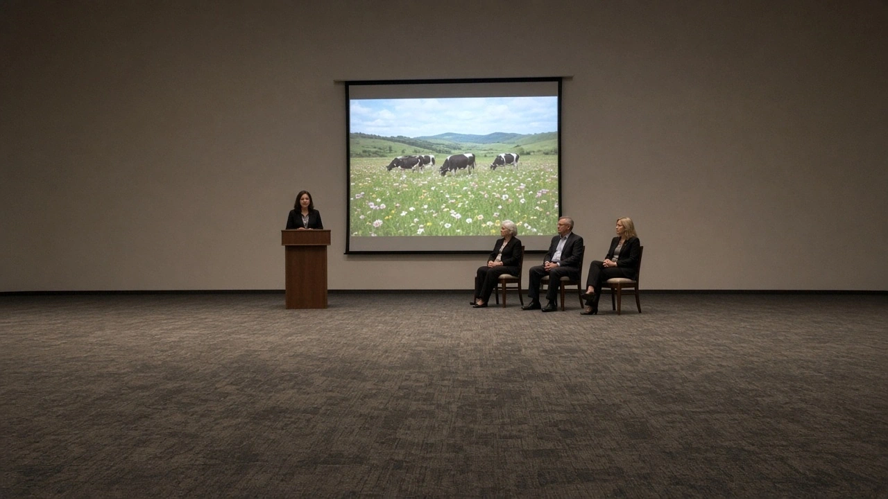 A speaker at a lectern beside seated panelists, with a projected landscape on a screen behind them.