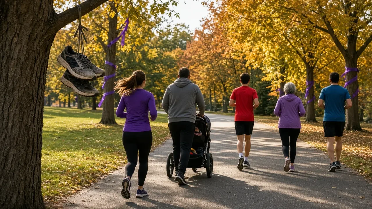 Runners and a parent pushing a stroller on a park path under autumn trees.