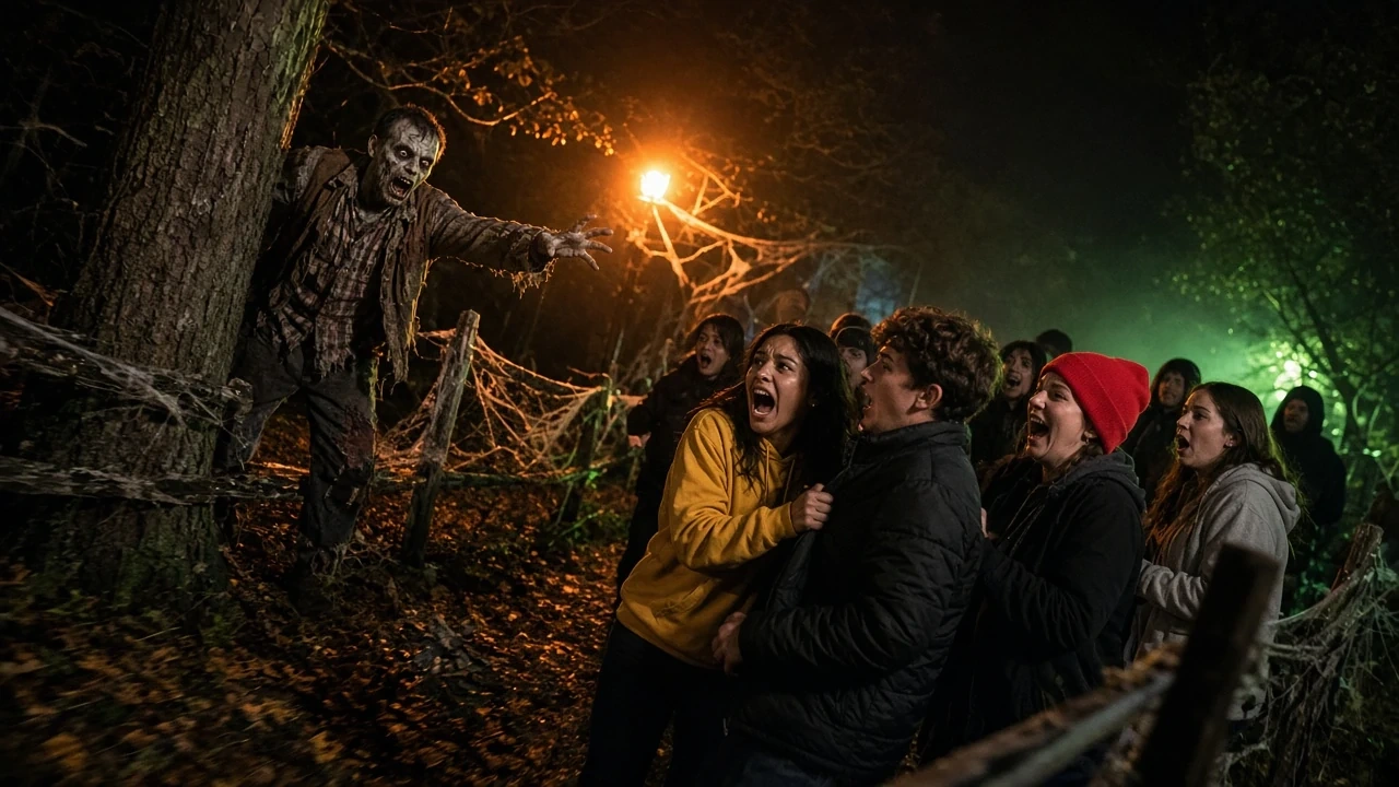 A costumed actor in a skull mask leaning toward a startled crowd in a dark, lit forest.