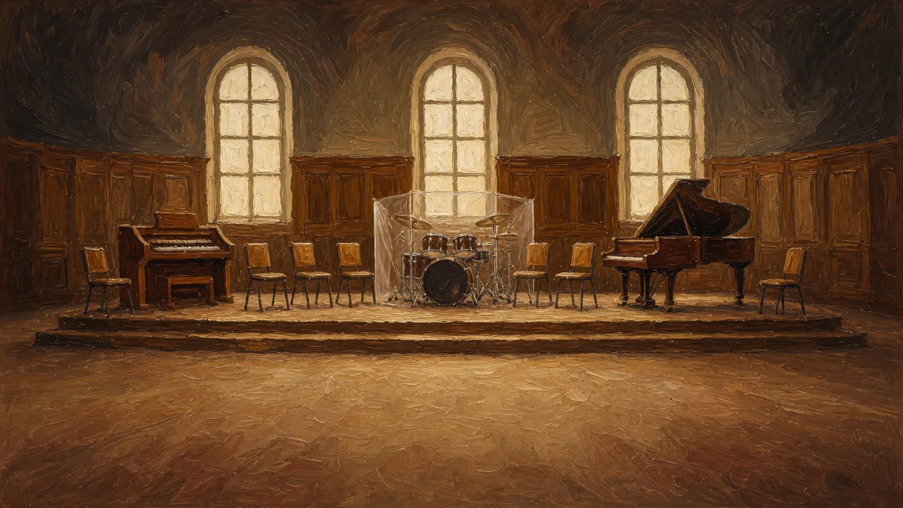 Painting of a grand piano and chairs in a chapel with arched windows.