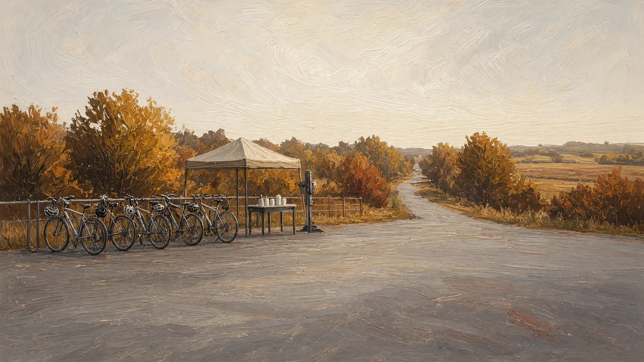 Painting of bicycles parked by a pavilion on a country road.