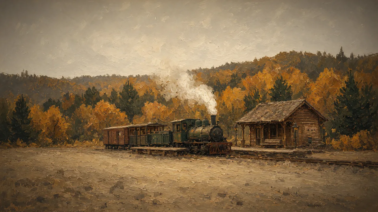 Painting of a steam train beside a small station among autumn trees.
