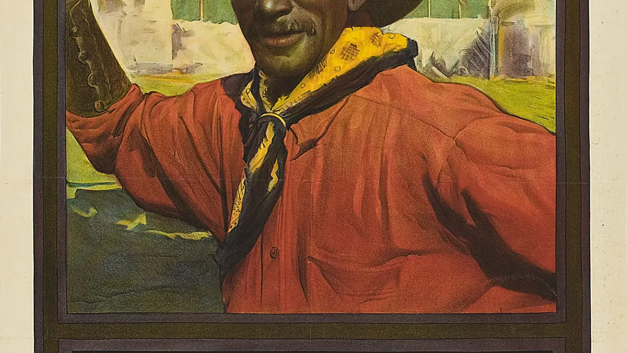 A framed painting of a man in a red shirt and patterned scarf