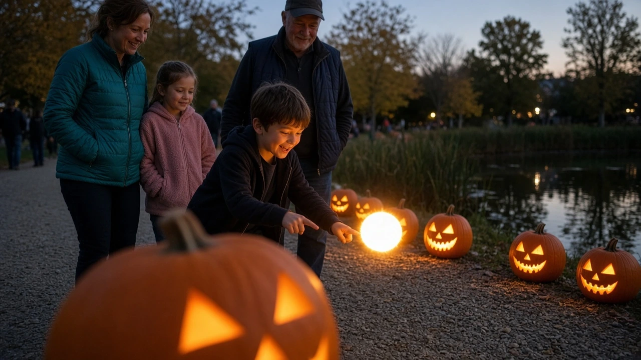 A family carving pumpkins by a pond at dusk, with lit jack-o'-lanterns along the edge.