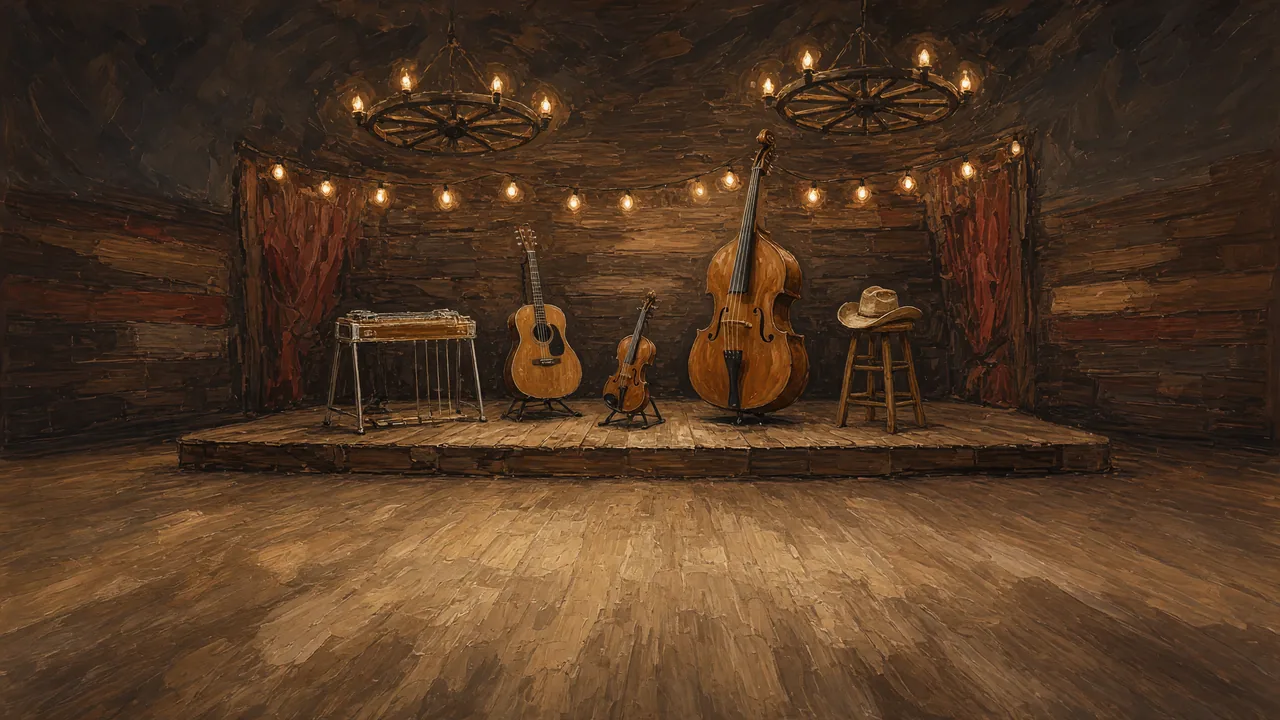 Painting of a stage with guitars, a fiddle and a bass under string lights.