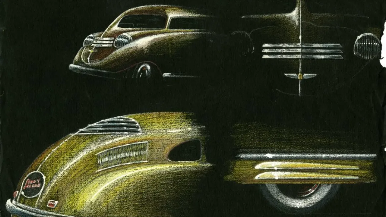 A painting of vintage automobiles in gold and green