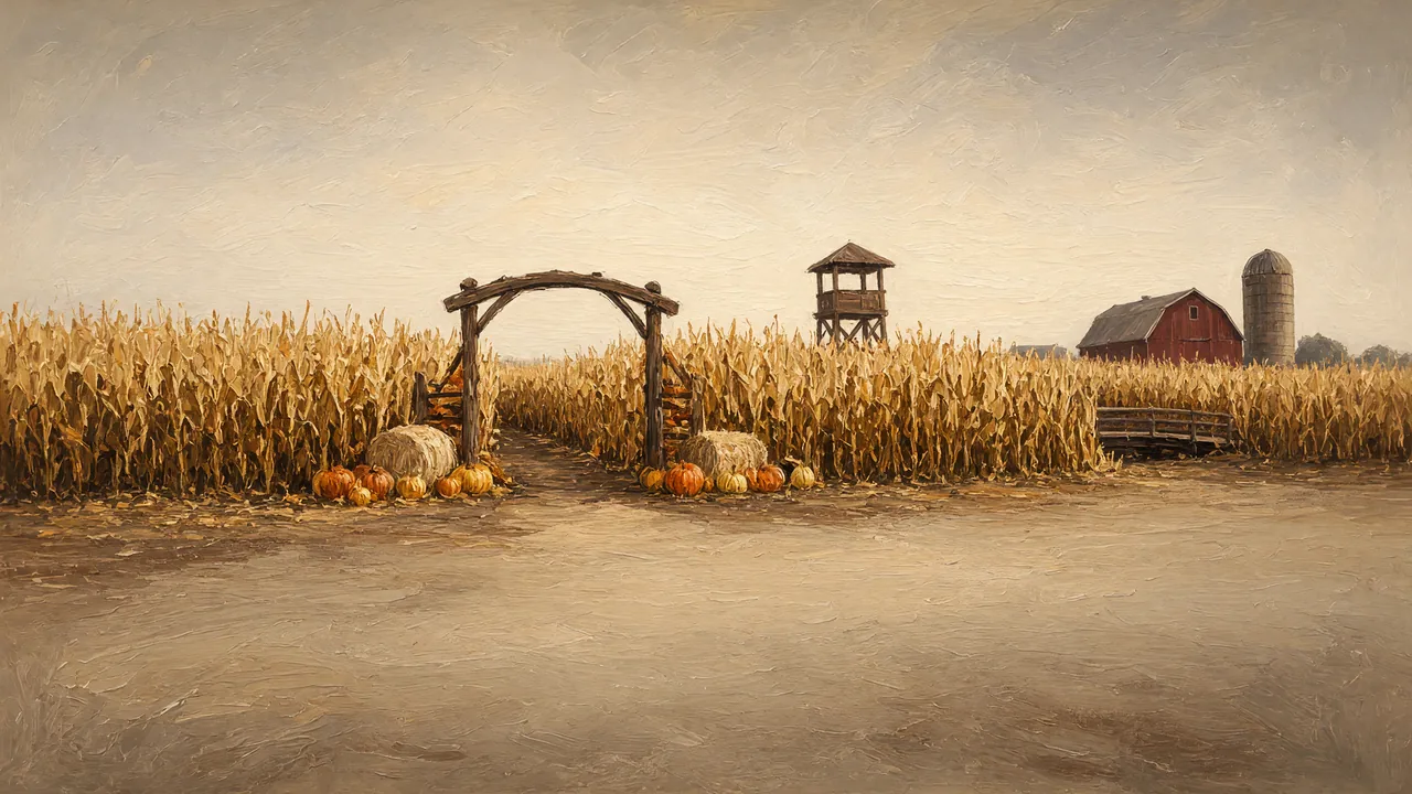 Painting of a wooden arch leading into a tall cornfield.