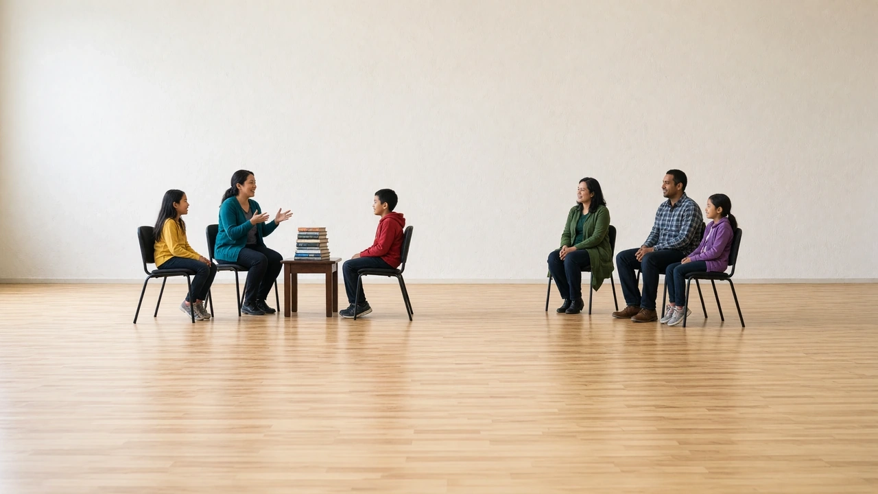 Six people seated in a semicircle of chairs in conversation on a wooden floor.