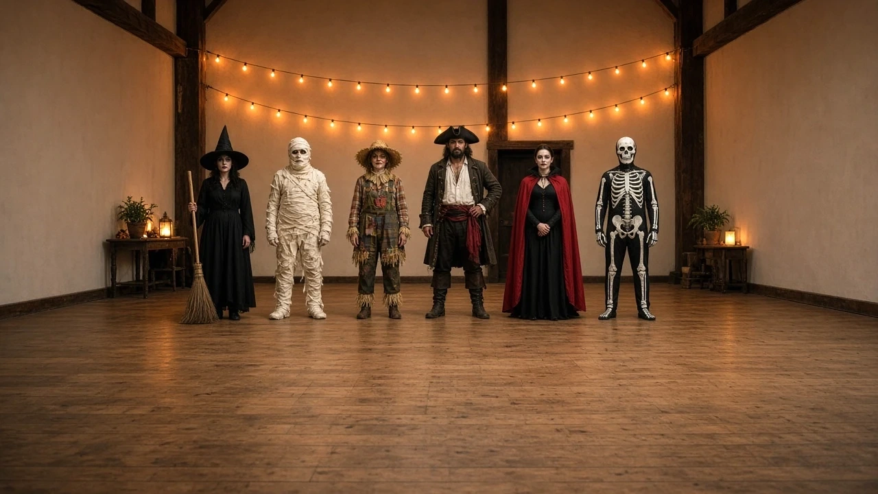 Five people in witch, mummy and skeleton costumes standing under string lights.