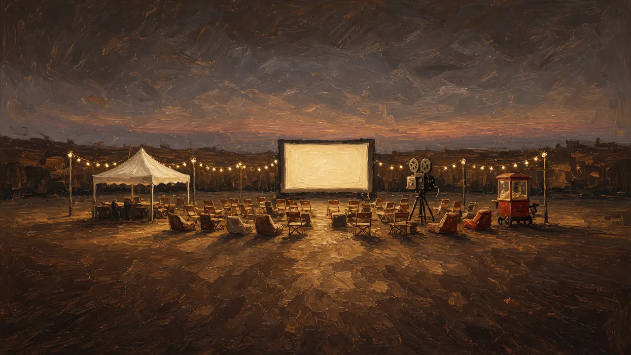 Painting of an outdoor movie screen with string lights and chairs at dusk.