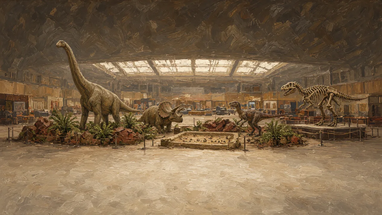 Painting of dinosaur models in a large hall under a skylight.