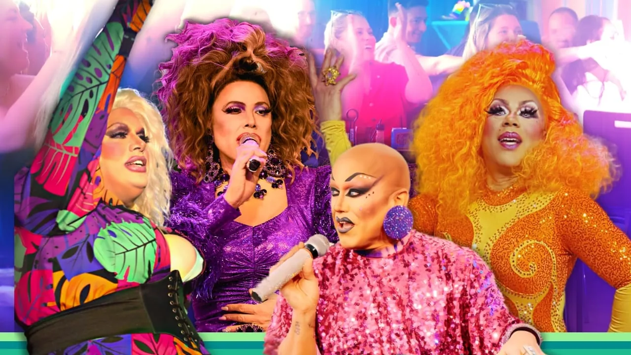 Drag performers in bright wigs and gowns sing into microphones
