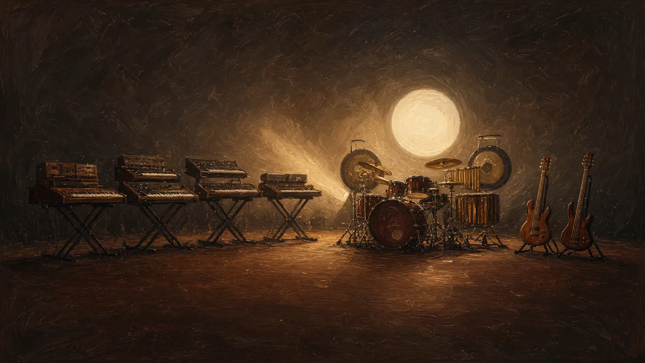 Painting of keyboards, drums and guitars beneath a glowing moon disc.