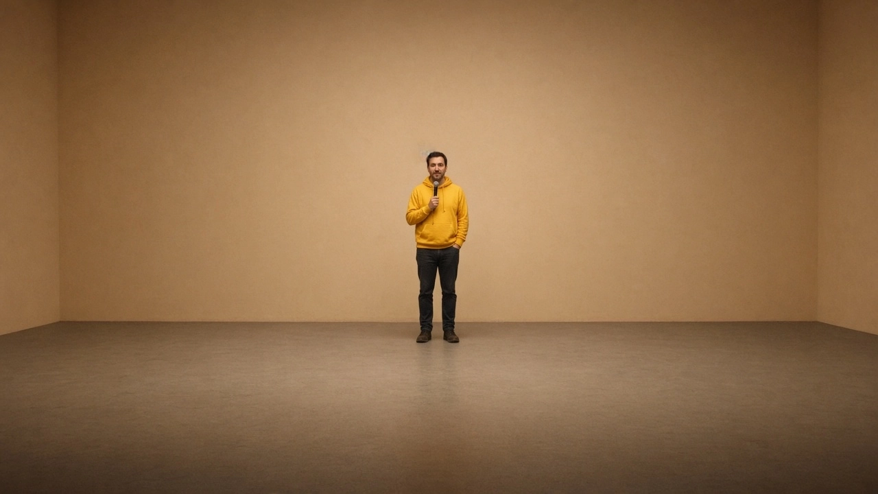 A comedian in a yellow jacket holds a microphone on an empty stage with a beige backdrop.