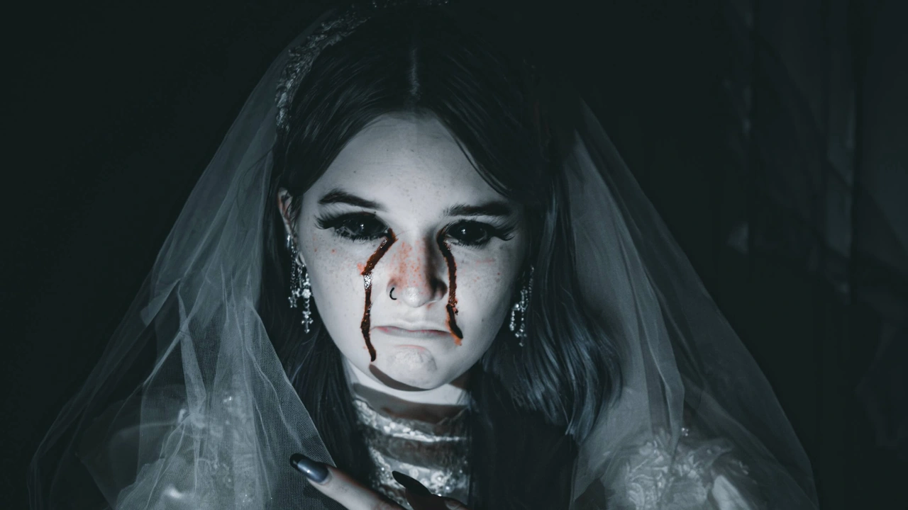 A pale young woman in a bridal veil with dark streaks running from her eyes.