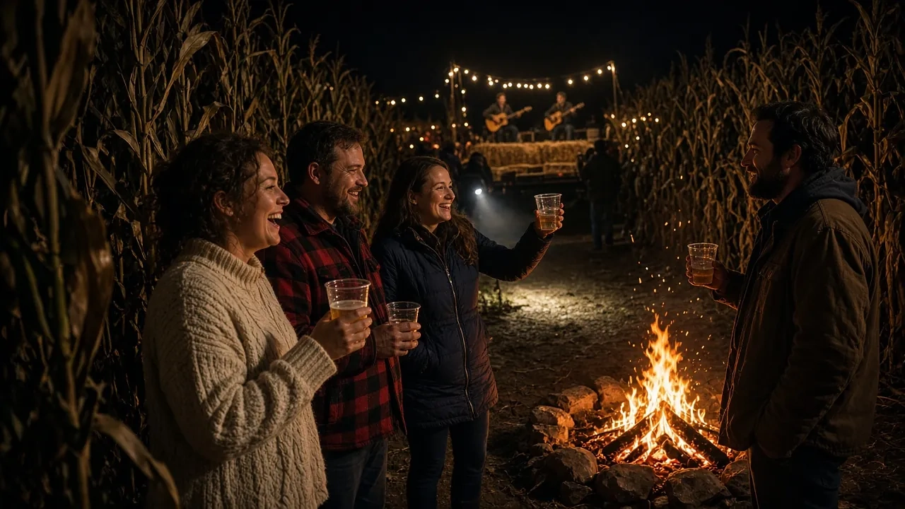 Friends holding drinks around a bonfire beside a corn field strung with lights.