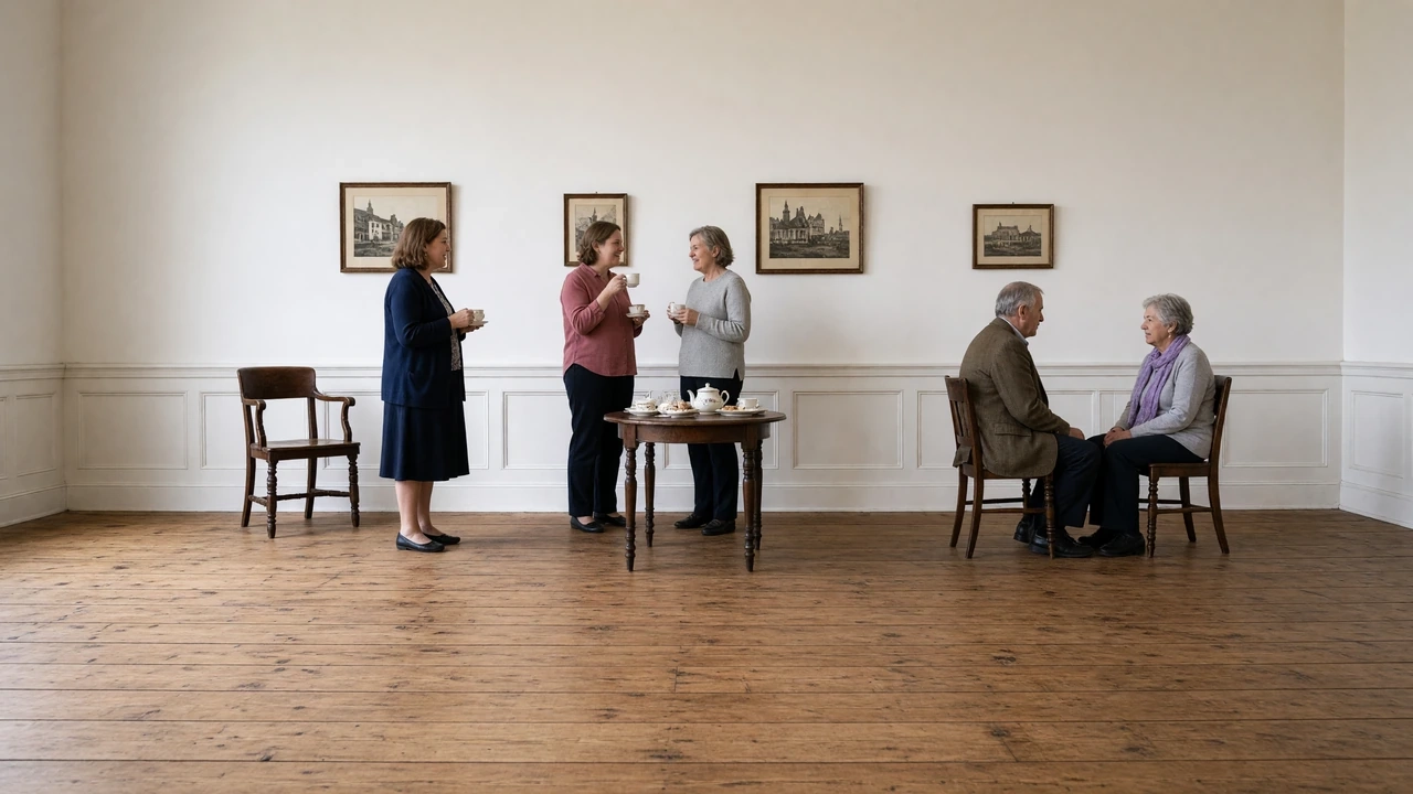 A small audience listens to a reader in a plain room with framed pictures on the walls.