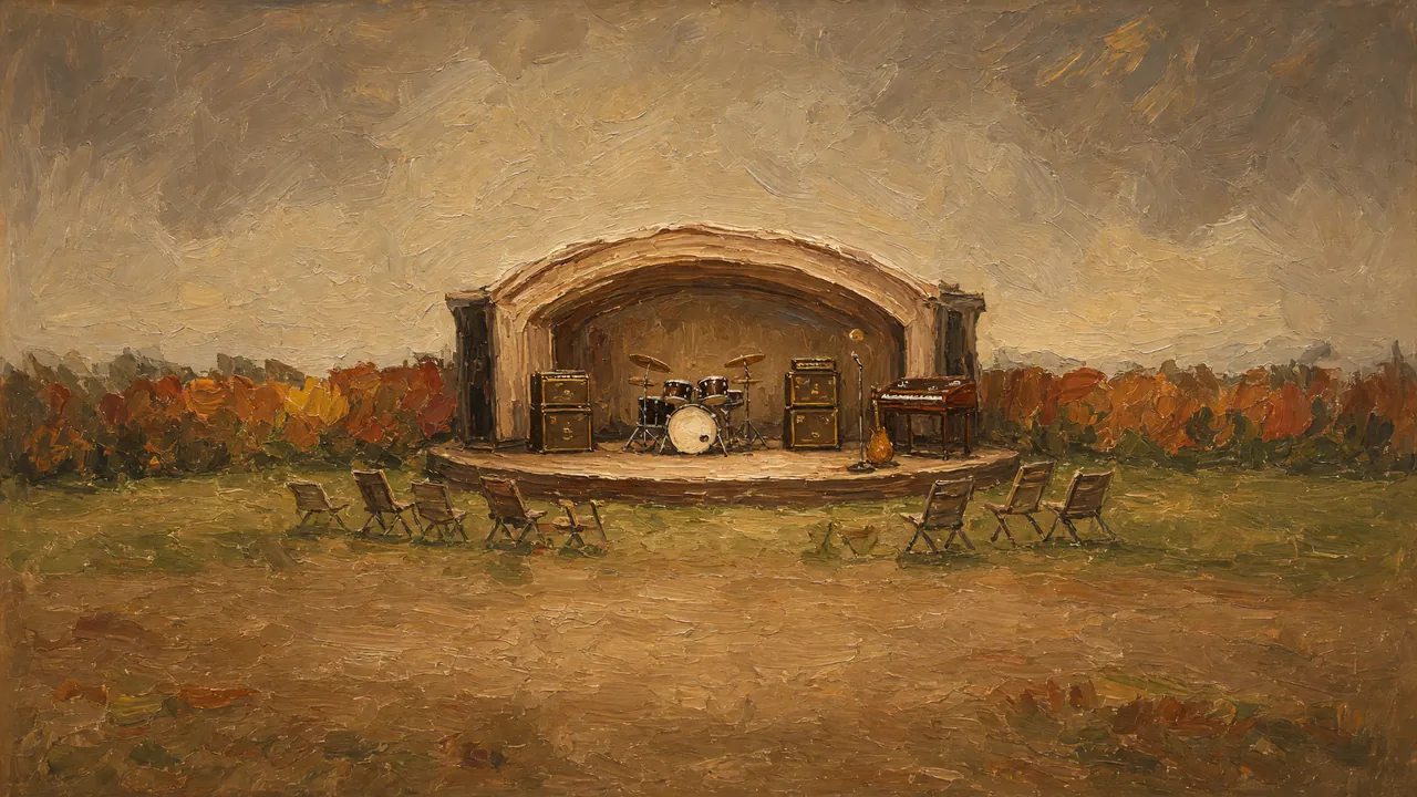 Painting of a bandshell with instruments on a lawn.