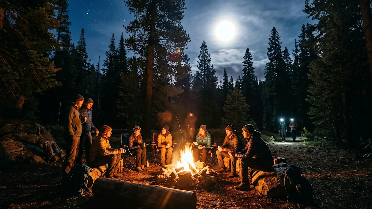 People gather around a campfire in a pine forest under a full moon