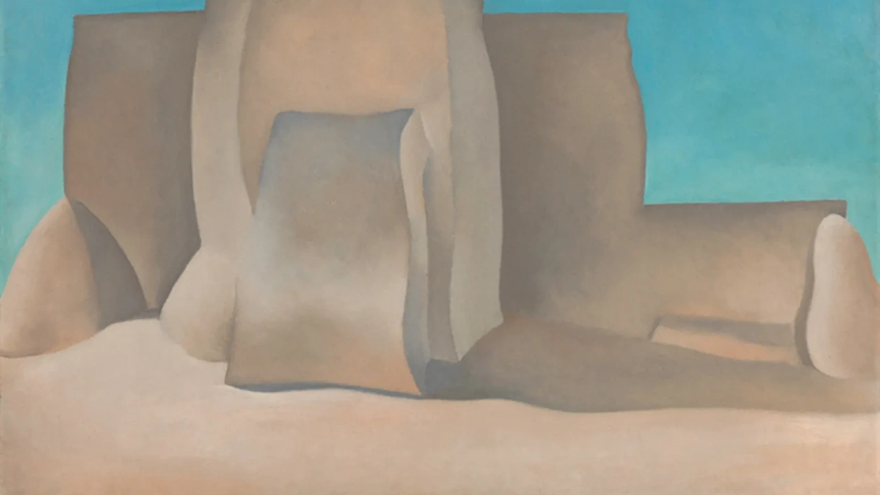 Painting of pale adobe church walls and buttresses against a turquoise sky.