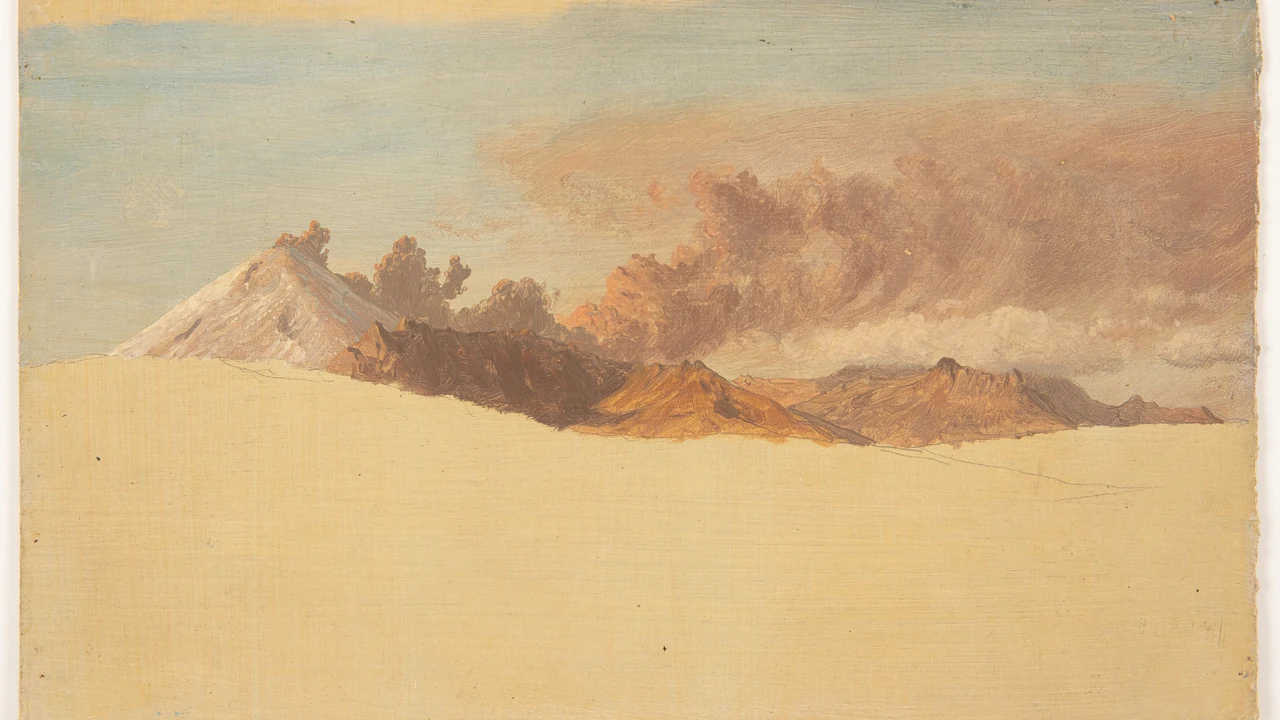 Oil sketch of a smoking volcanic peak rising above a pale plain under a cloudy sky.