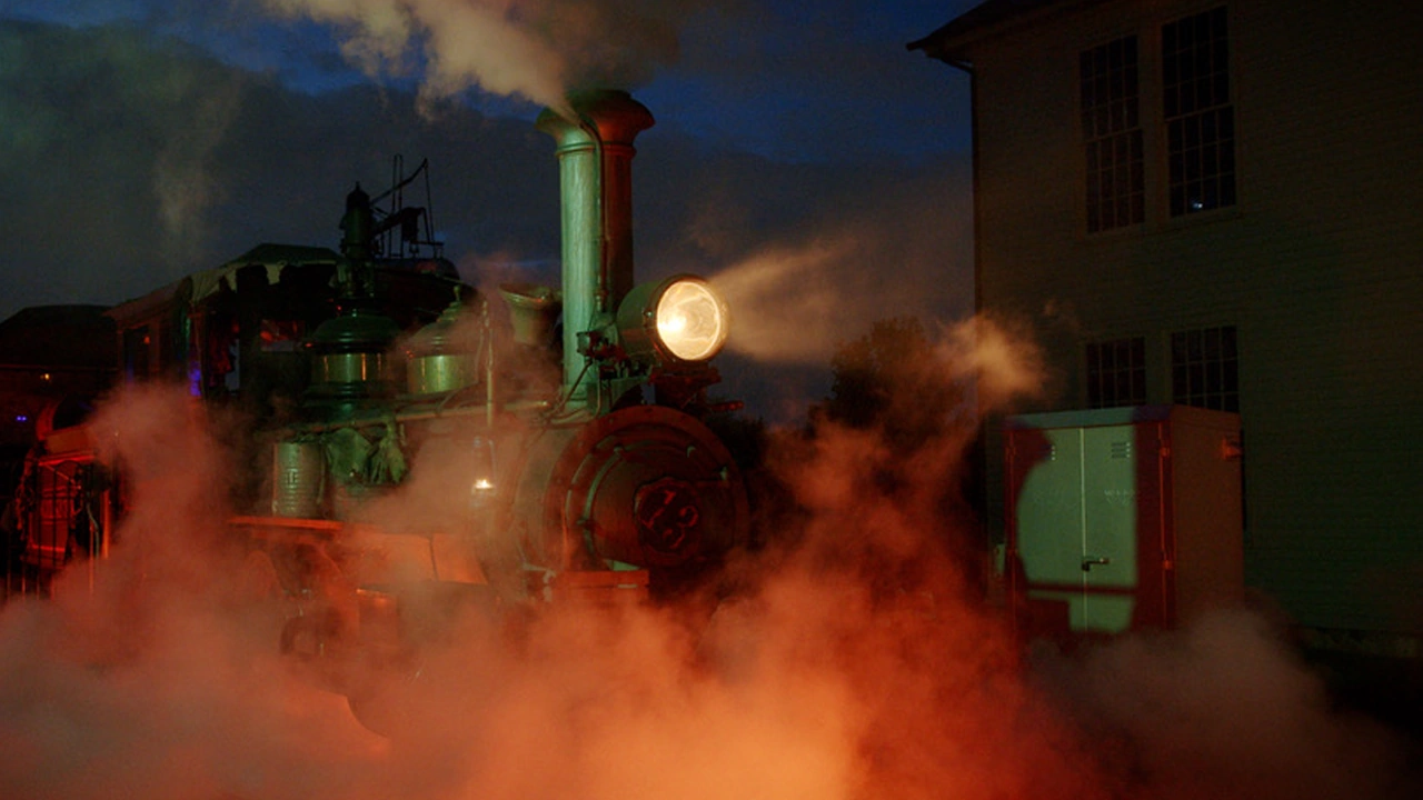 Vintage steam locomotive glowing at night with smoke and red light around it.