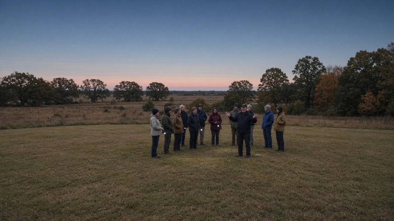 A small group walking across a field toward trees at dusk.