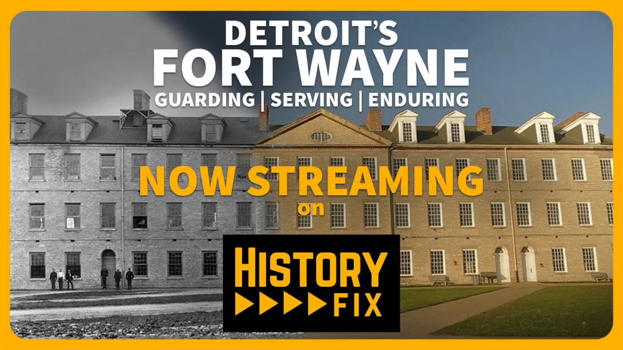 Historic Fort Wayne barracks building shown in a streaming promo graphic