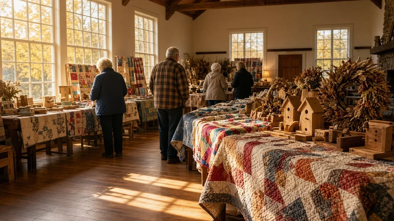 Shoppers walking between craft tables of quilts and wooden decorations in a hall.