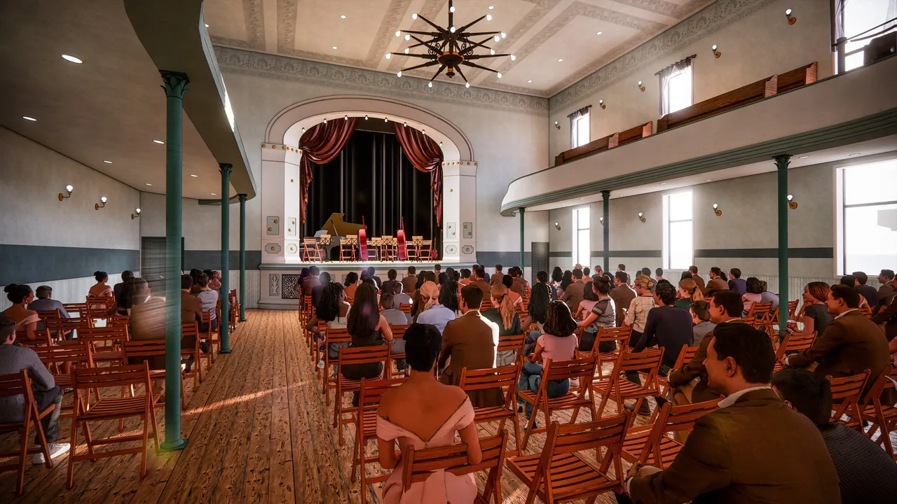 An audience seated in a wood-paneled hall facing a stage