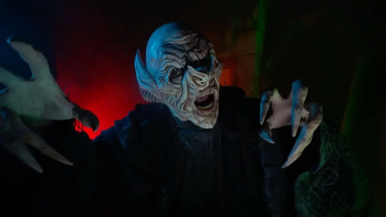 A ghoulish masked creature lunges out of the dark in a haunted attraction
