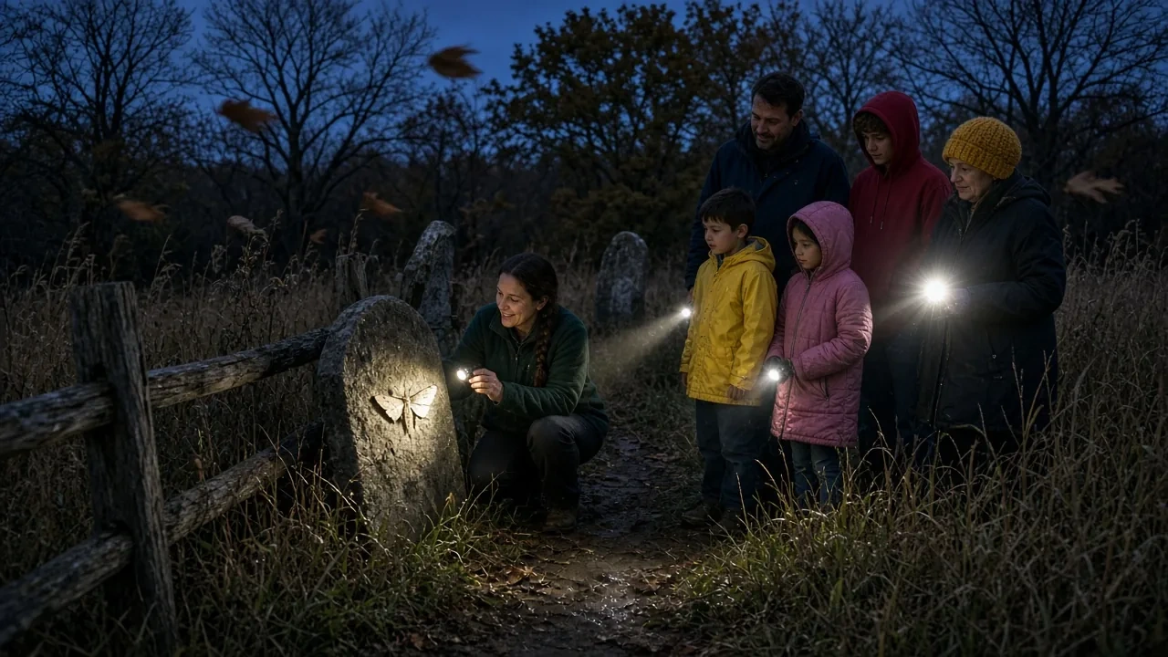 Children and adults with flashlights among old gravestones at dusk.