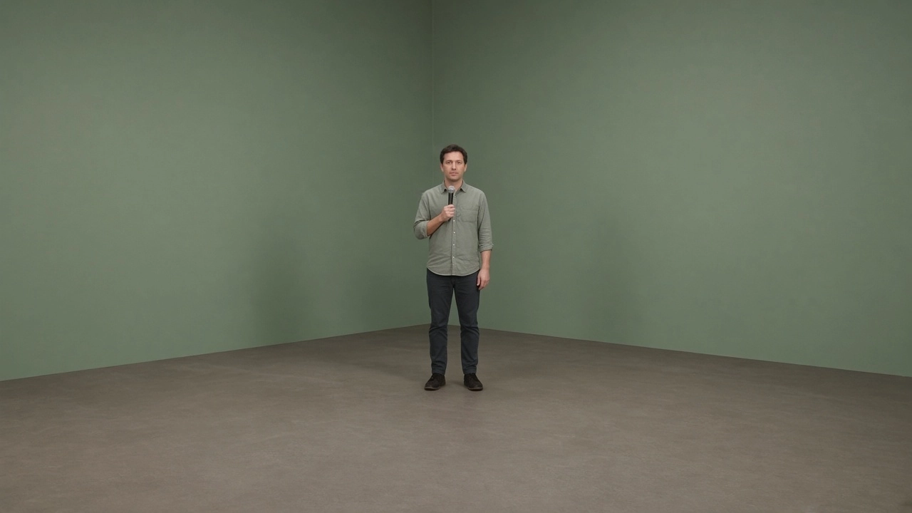 A comedian holds a microphone alone on an empty stage in front of a green wall.