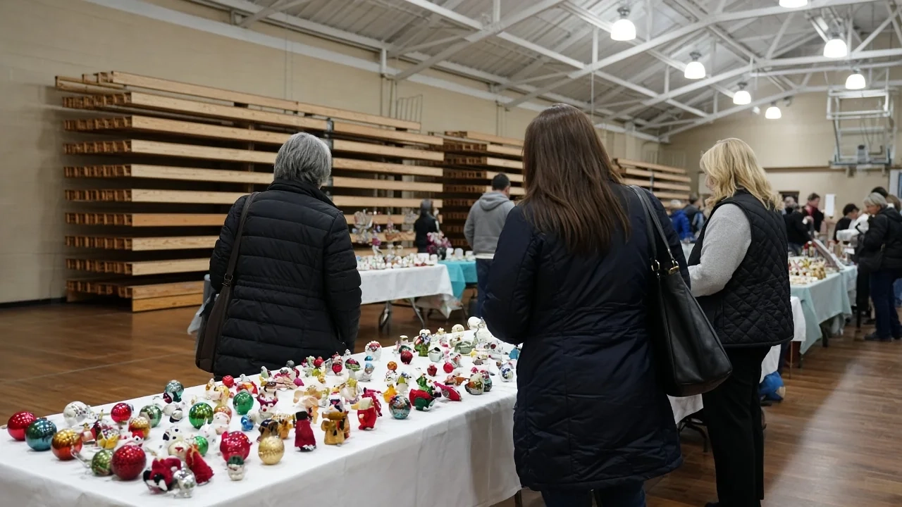 Shoppers looking at a long table of holiday ornaments in a bright hall.