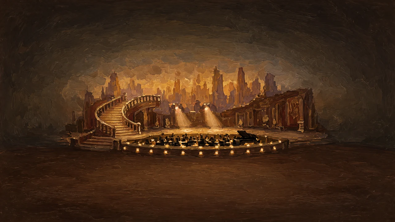 Painting of a stage set with city towers and footlights.