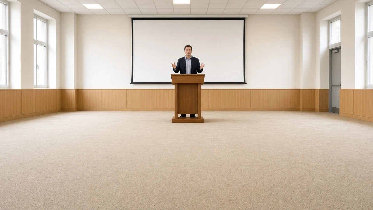 A speaker at a wooden lectern in front of a blank projection screen in a bright room.