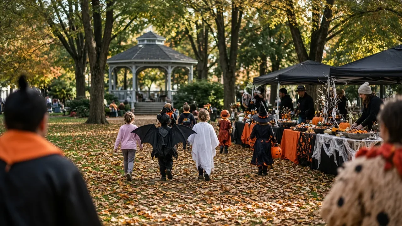 Children in costumes walking past tents and a gazebo in a leafy park.